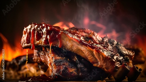 Fotografiet BBQ smoked ribs with dark background