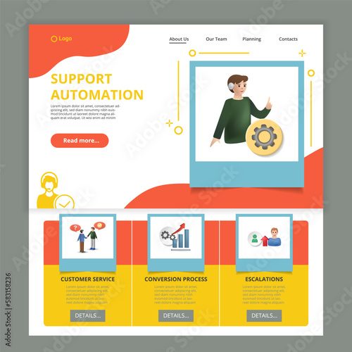 Support automation flat landing page website template. Customer service, conversion process, escalations. Web banner with header, content and footer. Vector illustration.