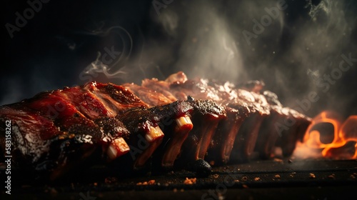 Fotografia BBQ smoked ribs with a dark background, created with help of Generative AI