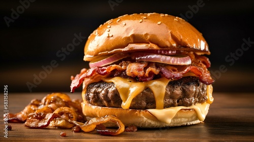 Hamburger with cheese and bacon, detailed photo on dark background
