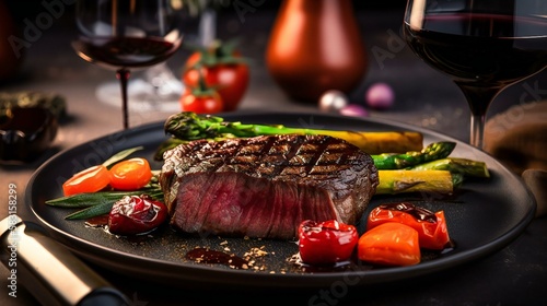 Grilled, delicious, medium rare beef steak served in a fancy restaurant, 