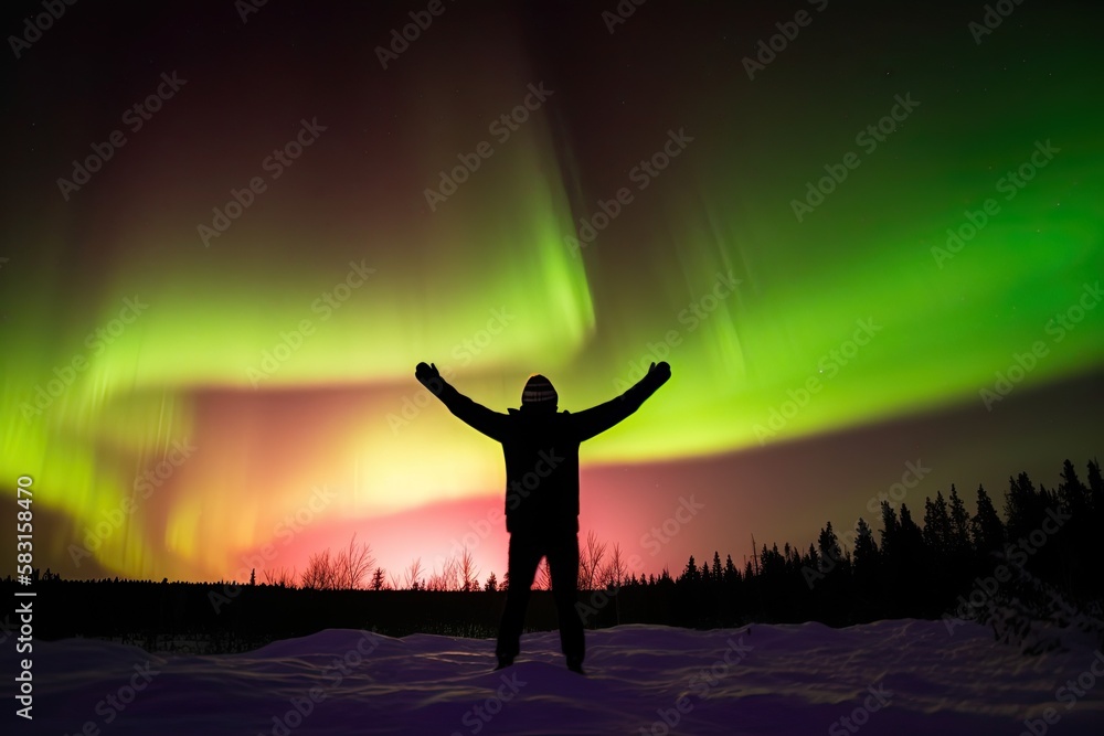 A man stands and looks at the beautiful aurora. Back view. Generative AI