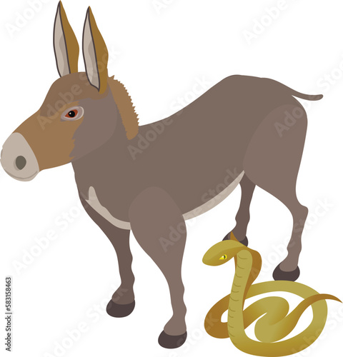 Fauna concept icon isometric vector. Standing gray donkey near king cobra icon. Biological diversity concept