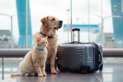 Cat and dog with a suitcase at the airport. Generative AI