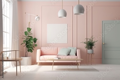 Living room interior in plain pastel colors with furniture and indoor plants. Generative AI