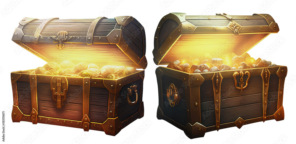 Fototapeta premium Set of cartoon wooden chests with pirate treasures and gold isolated on white background.Png file.AI generated.