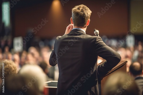 A man giving a speech for many people photo