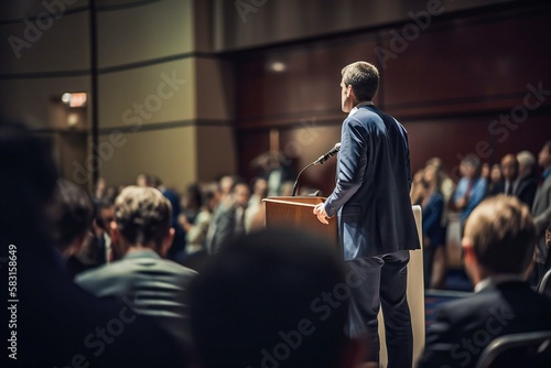 Fotografia A man giving a speech in front of other people, Generative AI
