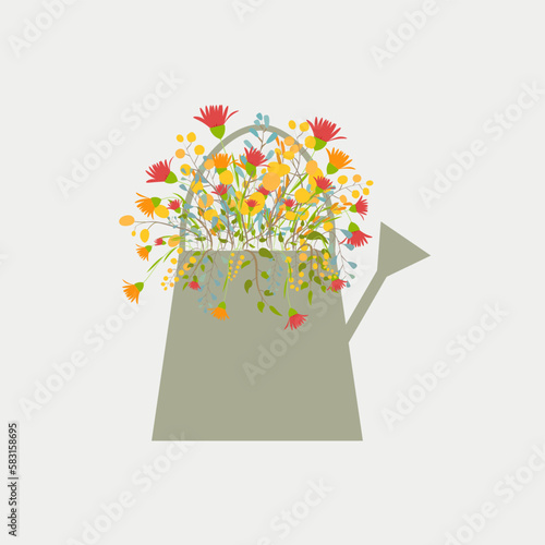 Flower bouquet in a watering can. Vector illustration. 