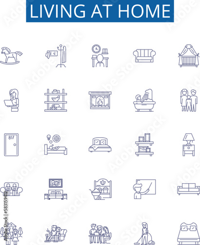 Living at home line icons signs set. Design collection of Dwelling, Residing, Co habiting, Abode, Homely, Domiciled, Lodging, Occupying outline concept vector illustrations