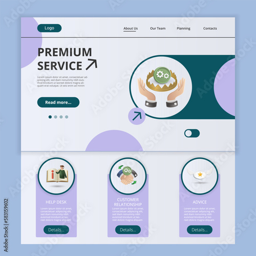 Premium service flat landing page website template. Help desk, customer relationship, advice. Web banner with header, content and footer. Vector illustration.