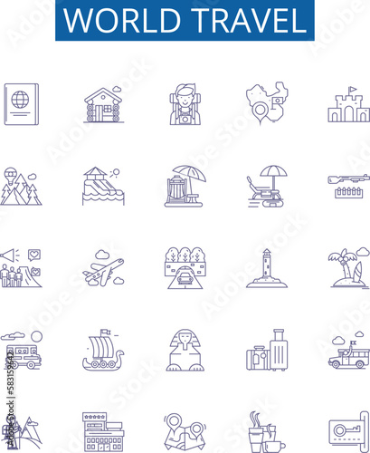 World travel line icons signs set. Design collection of Voyage, Tour, Expedition, Journey, Exploring, Trek, Roam, Sightseeing outline concept vector illustrations