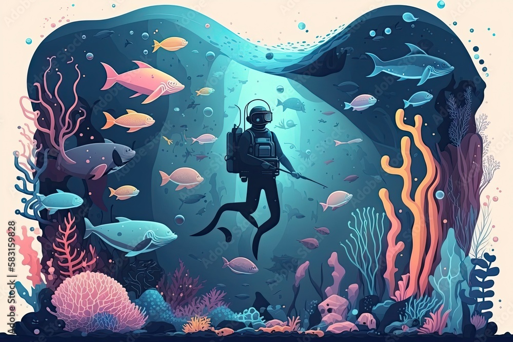 scuba diver diving on tropical reef with blue background cartoon style