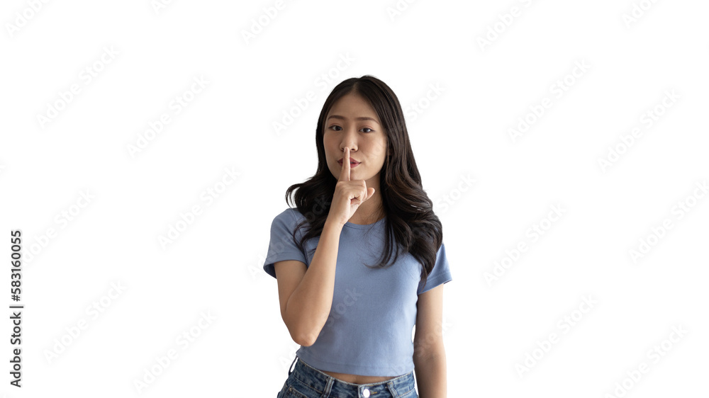 Asian woman doing silent gesture with finger, Noiseless symbol, Noisy mall, Hide a secret, Do not speak. shut your mouth, Noiseless signal transmission, Isolated on PNG file. Asian woman doing silent gesture with finger, Noiseless symbol, Noisy mall, Hide a secret, Do not speak. shut your mouth, Noiseless signal transmission, Isolated on PNG file.