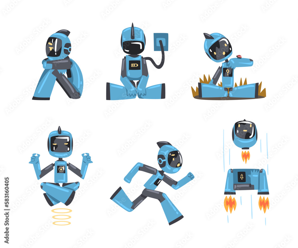 Naklejka premium Funny Blue Robot Character Engaged in Different Activity Vector Set