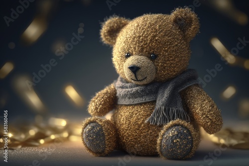 Fabulous toy Teddy bear for children, decorative knitted bear. For fairy tales and postcards. Created with artificial intelligence.