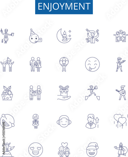 Enjoyment line icons signs set. Design collection of Delight, Rejoice, Revel, Enjoy, Jovial, Mirth, Sunshine, Fun outline concept vector illustrations