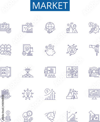 Market line icons signs set. Design collection of Market, Trade, Shopping, Retail, Bazaar, Vend, Exchange, Commercial outline concept vector illustrations