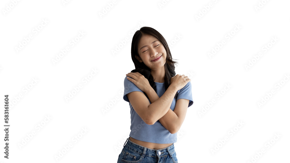 Woman smiling happily isolated on png file background, Woman loves and rejoices herself, Contented, Pure love, Love myself, Proud of yourself, Self-made happiness, Painting Therapy with a smile. Woman smiling happily isolated on png file background, Woman loves and rejoices herself, Contented, Pure love, Love myself, Proud of yourself, Self-made happiness, Painting Therapy with a smile.