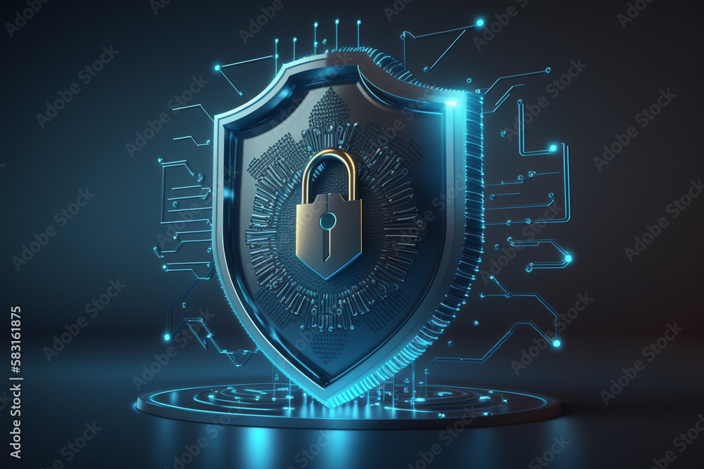 Fototapeta premium Security data cyber lock concept. Secure anti virus digital computer protection. Cybersecurity firewall crime prevention. Ai generated