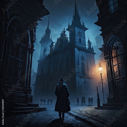 Exploring Prague's Ancient Gothic Architecture on a Night Street: A Person in the Dark: Generative AI