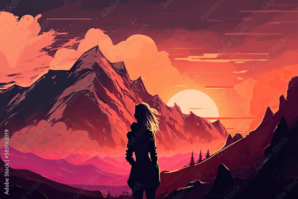 Woman Enjoys a Spectacular Sunrise Amidst Majestic Mountains in Summertime: Generative AI