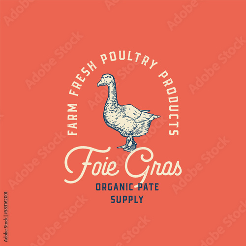 Farm Fresh Duck Poultry Abstract Vector Sign, Symbol or Logo Template. Hand Drawn Goose Sillhouette with Retro Typography Script. Vintage Foie Gras Bird Emblem Isolated