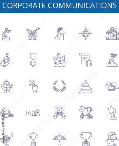 Corporate communications line icons signs set. Design collection of corporate, communications, strategy, marketing, branding, employee, information, media outline concept vector illustrations