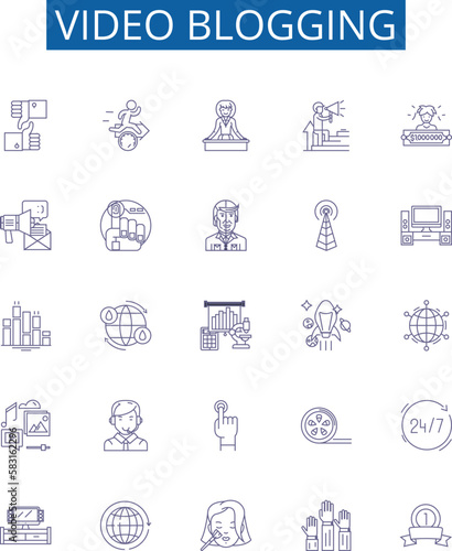 Video blogging line icons signs set. Design collection of Vlogging, Video blogging, Videoblogging, Videocasting, Vlogs, Vloggers, Video podcasting, Vodcasting outline concept vector illustrations photo