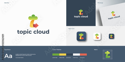 Topic Cloud Abstract Sign Symbol Logo Template. Letter T with Cloud and Arrow Icons Incorporated Dynamic Tech Storage or Data Emblem Concept Identity Guide with Modern Typography
