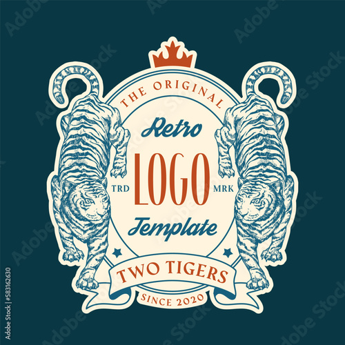 Tigers Abstract Retro Vector Frame Badge Logo Template. Hand Drawn Crawling Wild Cat Animals Silhouettes with Borders and Typography. Modern Heraldry Crest Sign with Banners, Crown and Stars Isolated