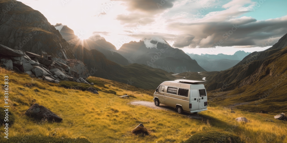 A camper van parked up overlooking a beautiful landscape view. Generative ai