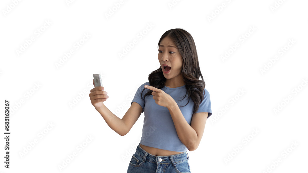 Woman pointing finger at mobile phone, Point to the mobile phone to recommend applying or registering via the smartphone system or scanning the QR code to receive news before anyone else, Click now. Woman pointing finger at mobile phone, Point to the mobile phone to recommend applying or registering via the smartphone system or scanning the QR code to receive news before anyone else, Click now.