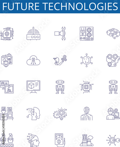 Future technologies line icons signs set. Design collection of Artificial, Intelligence, Robotics, Quantum, Computing, Blockchain, Augmented, Reality outline concept vector illustrations