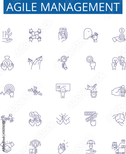Agile management line icons signs set. Design collection of Agile, Management, Scrum, Sprint, Kanban, Planning, Practices, Iterative outline concept vector illustrations