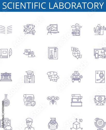 Scientific laboratory line icons signs set. Design collection of Scientific, Laboratory, Testing, Research, Instruments, Experiments, Chemicals, Analysis outline concept vector illustrations