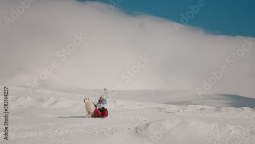 Female training her pet to stay still in nature on calm winter day. Cloudy sky in mountains and woman with dor having a rest from their joyrney. photo