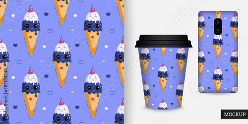 Sweet seamless pattern with ice cream. Baby background with cartoon  ice cream cone. Summer vector illustration in a flat style. Design for textile, paper, fabric. Mockup
