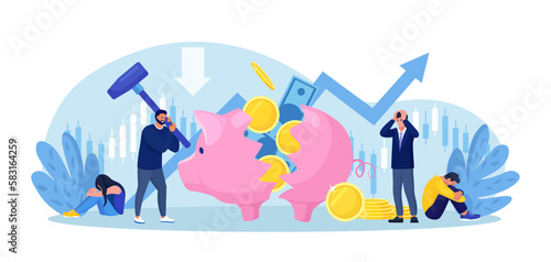 Businessman breaking piggy bank with hammer. Financial crisis, Bankruptcy, investment failure. Depressed poor man in need of money. Frustrated desperate businessmen sitting around broken money box