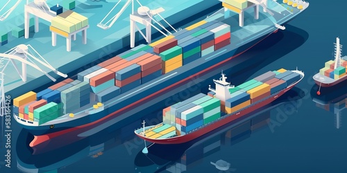 Cargo Ship with Containers Isolated in Front, Container ship loading and unloading, Cargo container in deep seaport for the international order concept. Generative AI technology