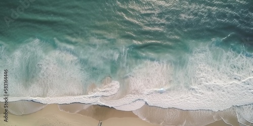 Aerial view of clear turquoise sea clean ocean waves breaking on white sand beach with turquoise emerald coloured water. Generative AI