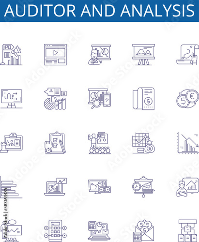 Auditor and analysis line icons signs set. Design collection of Auditor, Analysis, Auditing, Analyzing, Evaluating, Scrutiny, Inspecting, Reviewing outline concept vector illustrations