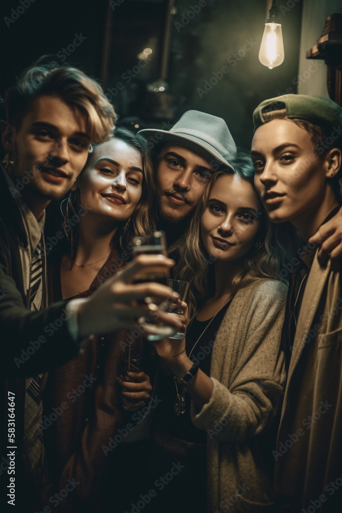 Fototapeta premium Amigos se divertindo na noite happy hour balada barzinho bar ceveja vinho lazer IA Generativa