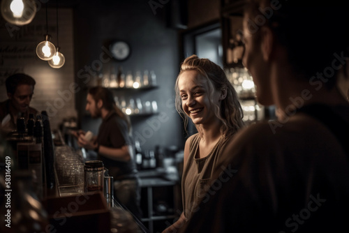 Mulher no bar se divertindo e sorrindo, noite, IA Generativa photo