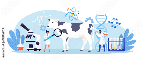Biology scientists doing research cow dna. Genetically modified animals. Gene technology. Bioengineering. People doing experiments in lab with animal. Veterinary worker making test and analysis