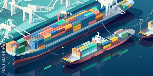 Cargo Ship with Containers Isolated in Front,Container ship loading and unloading, Cargo container in deep seaport for the international order concept. Generative AI technology