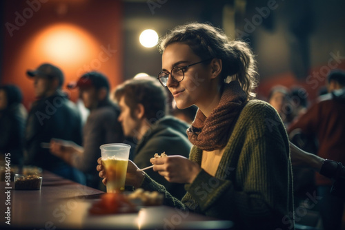 Mulher no bar bebendo cerveja e sorrindo se divertindo, noite, IA Generativa photo