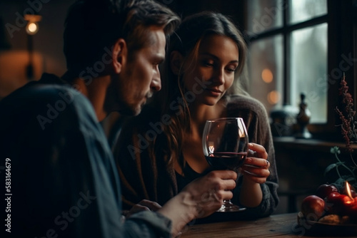 Casal em jantar romântico bebendo vinho e jantando jantar juntos, casados, namorados, difelidade, cumplicidade, IA Generativa photo