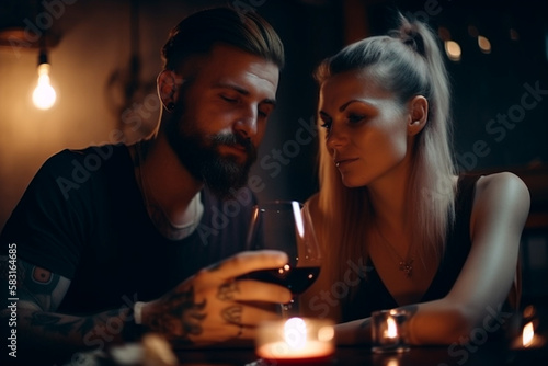 Casal em jantar rom  ntico bebendo vinho e jantando jantar juntos  casados  namorados  difelidade  cumplicidade  IA Generativa