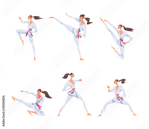 Female Karate Fighter in White Kimono Practicing Martial Art Vector Set